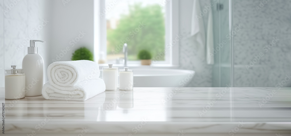 White bathroom interior. Empty marble table top for product display with blurred bathroom interior background. White bathroom interior. Empty marble table top for product display with blurred bathroom interior background.