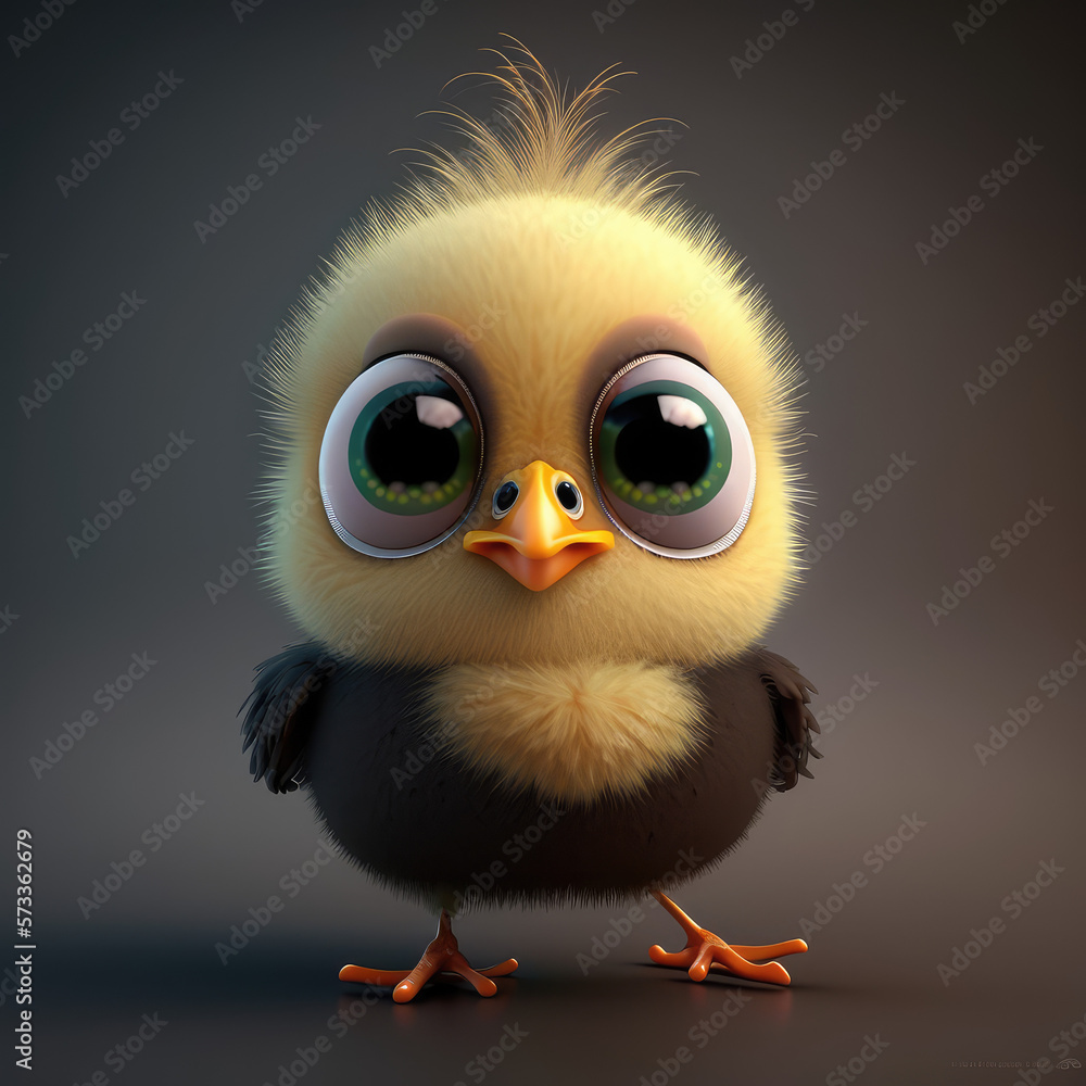 Cute yellow and black color bird cartoon character. Realistic chicken kid with big eyes, A 3d render illustration. Pretty bird isolated on flat background. Generative AI art.