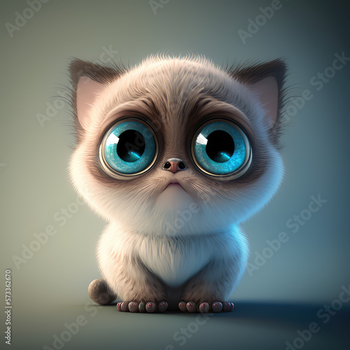 A Cute duo color cartoon fluffy kitten character. A little baby cat with big eyes. Kitty kid isolated on flat background  3d render illustration. Generative AI art.