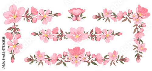 Cherry blossom bunch bouquet frame border corner flat set. Floral spring pink sakura flower delicate element design card invitation gift love holiday decor sticker japan china style seasonal isolated