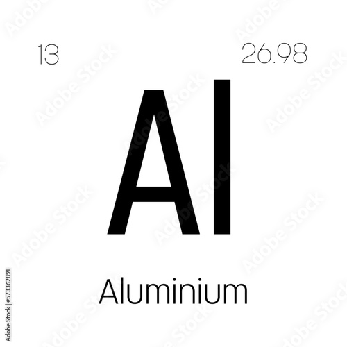 Aluminum, Al, periodic table element with name, symbol, atomic number and weight. Lightweight metal commonly used in construction, packaging, and transportation industries due to its strength and