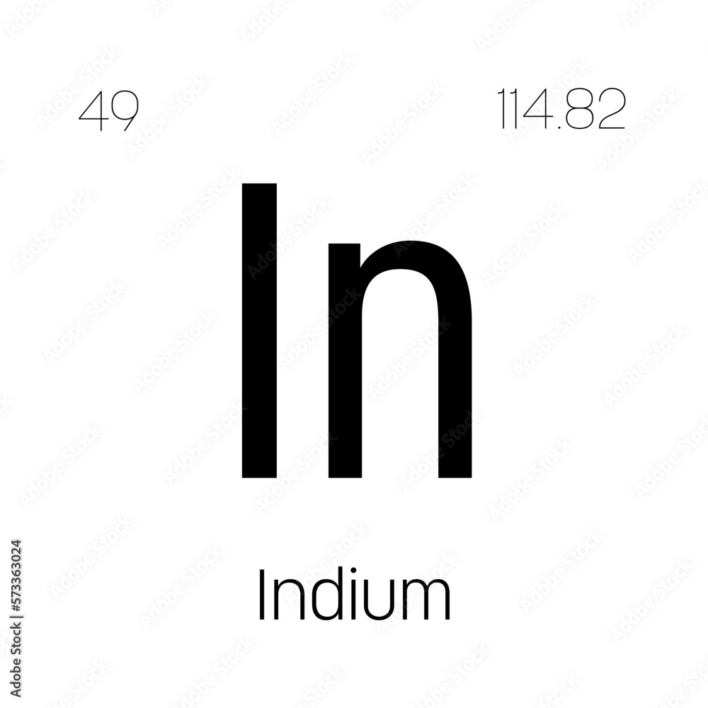 Indium, In, periodic table element with name, symbol, atomic number and weight. Metal with various industrial uses, such as in LCD screens, solar cells, and as a component of certain alloys. Indium, In, periodic table element with name, symbol, atomic number and weight. Metal with various industrial uses, such as in LCD screens, solar cells, and as a component of certain alloys.