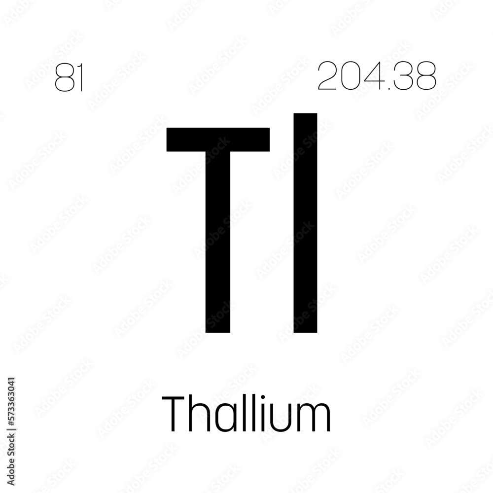 Thallium, Tl, periodic table element with name, symbol, atomic number and weight. Post-transition metal with various industrial uses, such as in certain types of medical imaging and as a component in