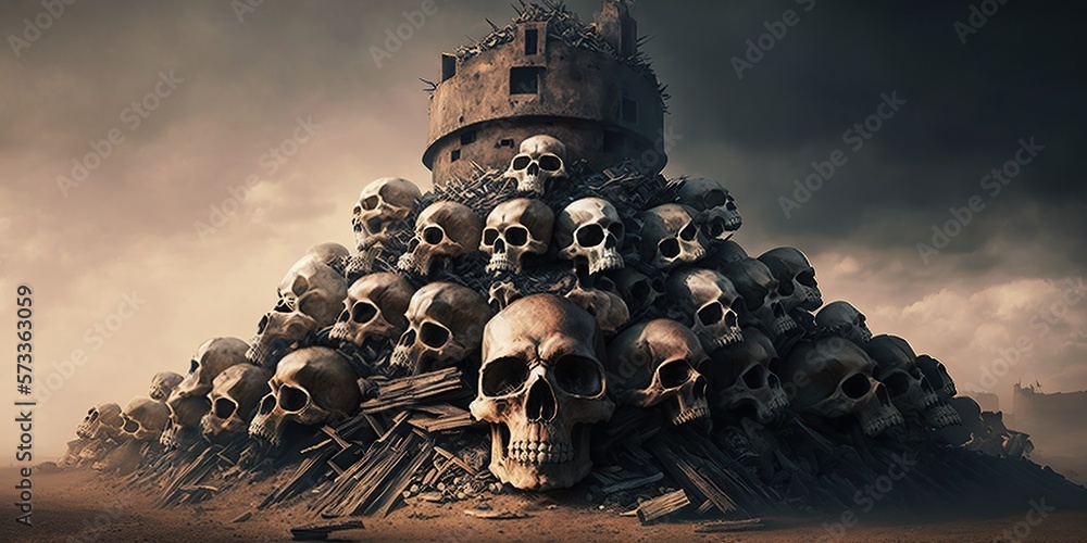 Huge pile of skulls in background of the post-war territory, concept of Desolation and Destruction, created with Generative AI technology