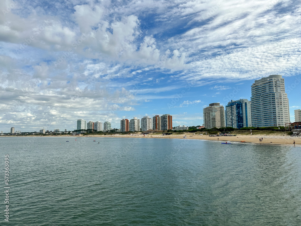 Fototapeta premium Punta Del Este, Uruguay - December 23, 2022: Shorelines and beach town facades in the region surrounding Punta Del Este in Uruguay