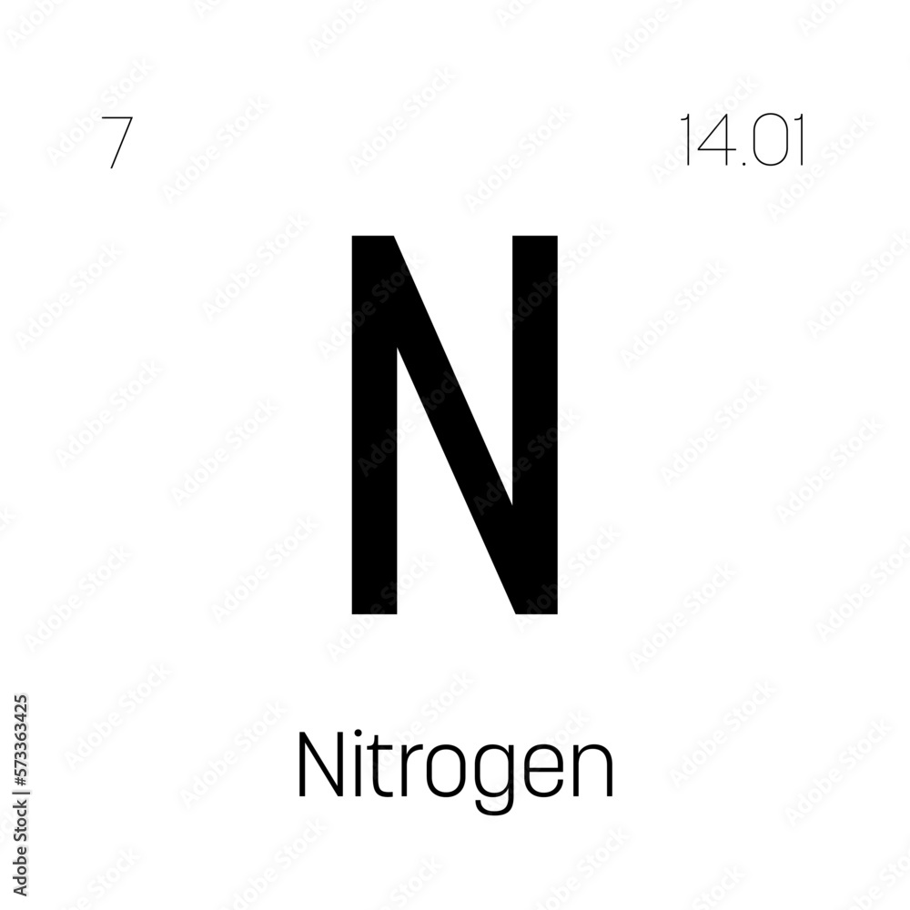 Nitrogen, N, periodic table element with name, symbol, atomic number and weight. Non-metal with various industrial uses, such as in fertilizer, food packaging, and as a filling gas in certain types of Nitrogen, N, periodic table element with name, symbol, atomic number and weight. Non-metal with various industrial uses, such as in fertilizer, food packaging, and as a filling gas in certain types of