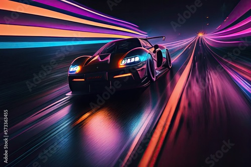 Neonhyper Car Traveling In The City At Midnight Generative AI © Johnathan