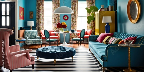 over the top eclectic living room filled with bold patterns and mix of vintage and modern furniture, concept of Maximalist Design and Unconventional Decor, created with Generative AI technology photo