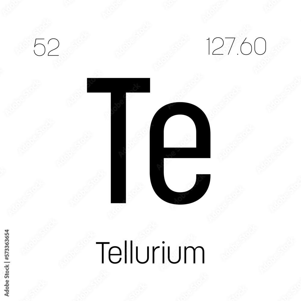 Tellurium, Te, periodic table element with name, symbol, atomic number