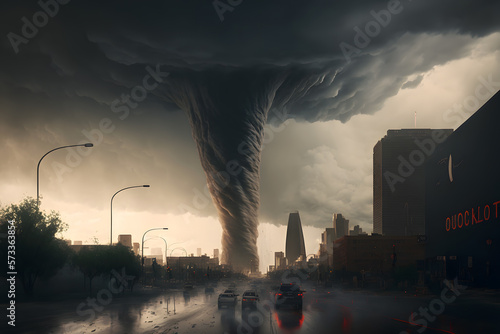 Tornado storm in city center with dark sky and bad weather. Neural network AI generated art photo