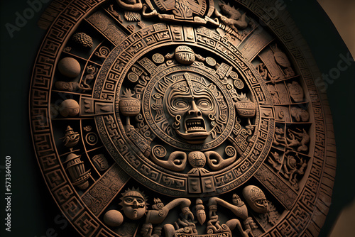 Fototapet Close view of the ancient Aztec mayan calendar with round pattern and relief on stone surface