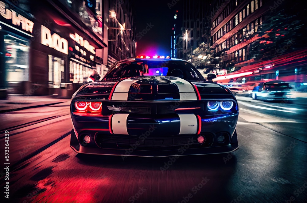 Fototapeta premium Squad Car In Pursuit In Business District At Night Generative AI