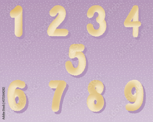 Cute furry numbers, vector, pastel yellow.