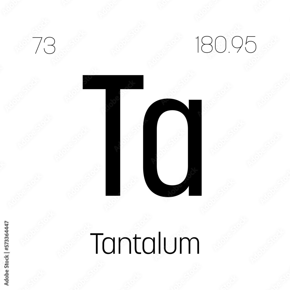 Tantalum, Ta, periodic table element with name, symbol, atomic number and weight. Transition metal with various industrial uses, such as in electrical capacitors, certain types of medical implants Tantalum, Ta, periodic table element with name, symbol, atomic number and weight. Transition metal with various industrial uses, such as in electrical capacitors, certain types of medical implants
