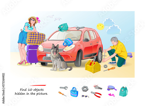 Find 10 objects hidden in the picture. Logic puzzle game for children and adults. Family preparing to travel by car. Educational page. Play online. Task for attentiveness. Vector cartoon Illustration.