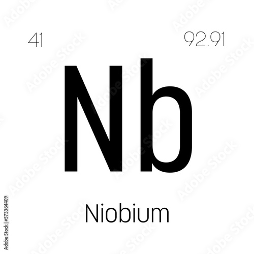 Niobium, Nb, periodic table element with name, symbol, atomic number and weight. Transition metal with various industrial uses, such as in steel production, superconductors, and as a component of