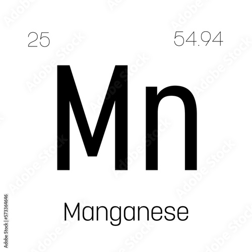 Manganese, Mn, periodic table element with name, symbol, atomic number and weight. Transition metal with various industrial uses, such as in steel production, batteries, and as a catalyst in certain
