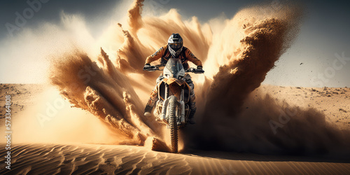 Extreme motocross on sand dunes dynamic concept art, motorcycle sport illustration, generative ai