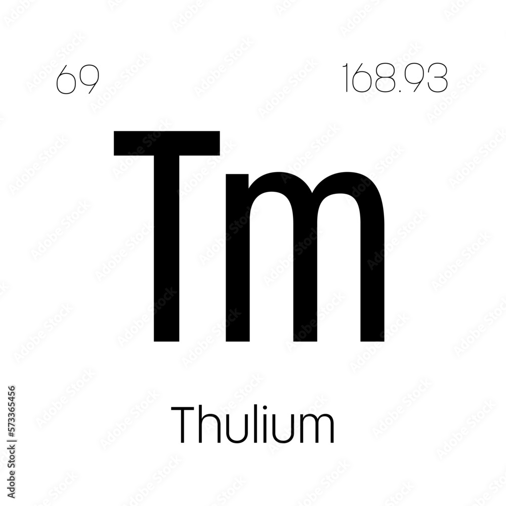 Thulium, Tm, periodic table element with name, symbol, atomic number and weight. Rare earth metal with various industrial uses, such as in certain types of medical imaging and as a component in Thulium, Tm, periodic table element with name, symbol, atomic number and weight. Rare earth metal with various industrial uses, such as in certain types of medical imaging and as a component in