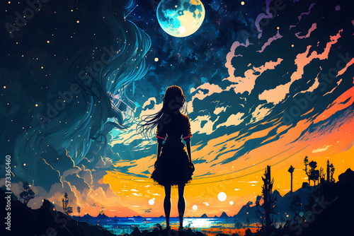 Abstract mystical woman silhouette against fairytale night epic sky in blue and orange tones. Neural network AI generated art photo