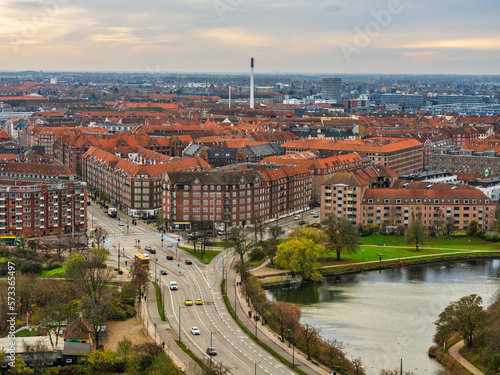 Aerial shot of Copenhagen city centre buildings on a clear day, Denmark