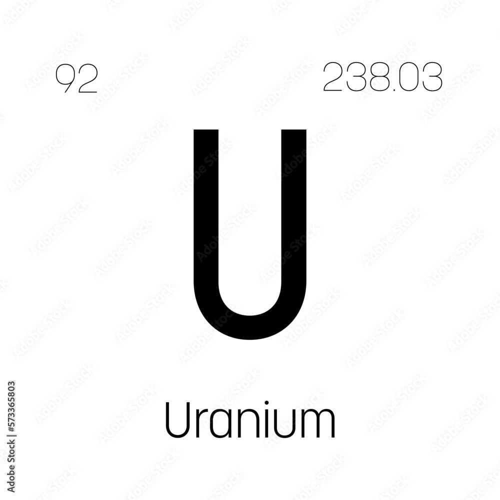Uranium, U, periodic table element with name, symbol, atomic number and weight. Actinide with potential uses in nuclear power and scientific research. Uranium, U, periodic table element with name, symbol, atomic number and weight. Actinide with potential uses in nuclear power and scientific research.
