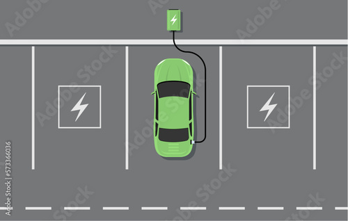 Electric car charger top view. Battery hybrid car parking recharge vector icon
