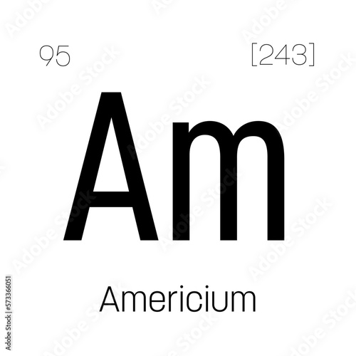 Americium, Am, periodic table element with name, symbol, atomic number and weight. Synthetic radioactive element used in smoke detectors, as a neutron source for scientific research, and potential