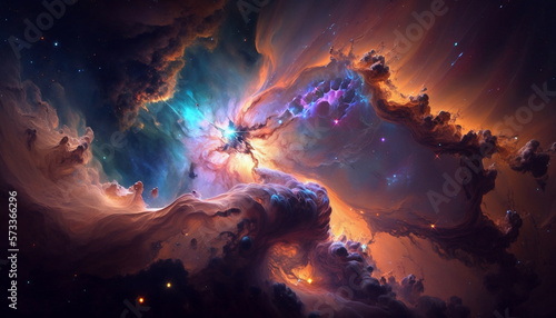 Behold the mesmerizing beauty of the cosmos with this stunning image of a colorful, glowing nebula. Perfect for captivating designs and projects. Generative AI