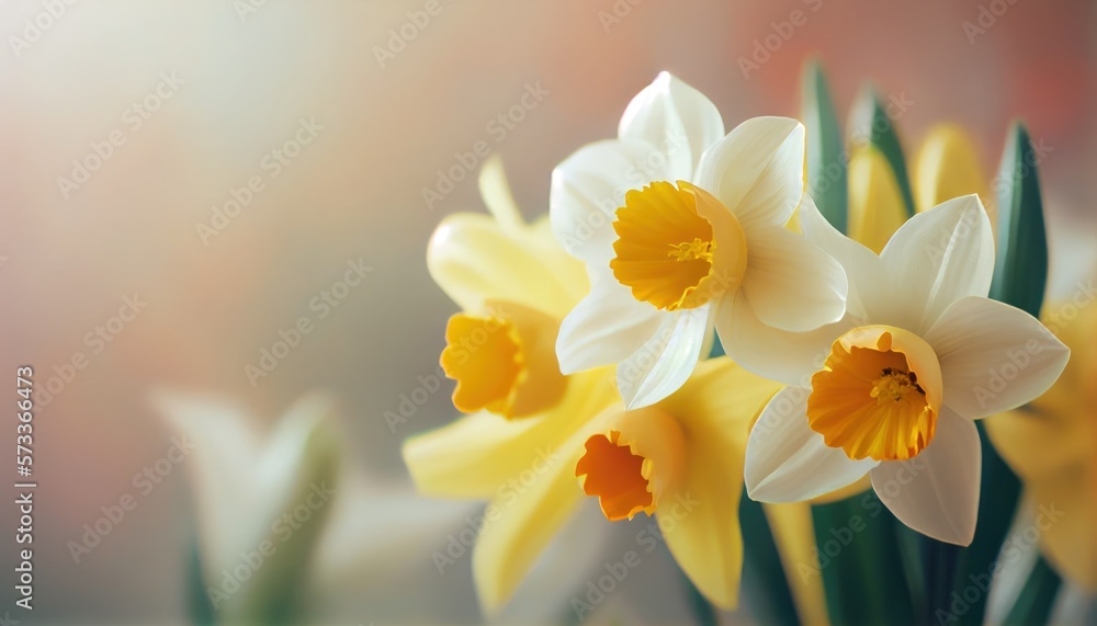 Obraz premium Narcissus Bouquet of flowers colorful blurred background with copy space for text. Valentine's Day and Mother's Day, Women's Day background. Holiday mockup gerber flowers. soft focus. generative ai