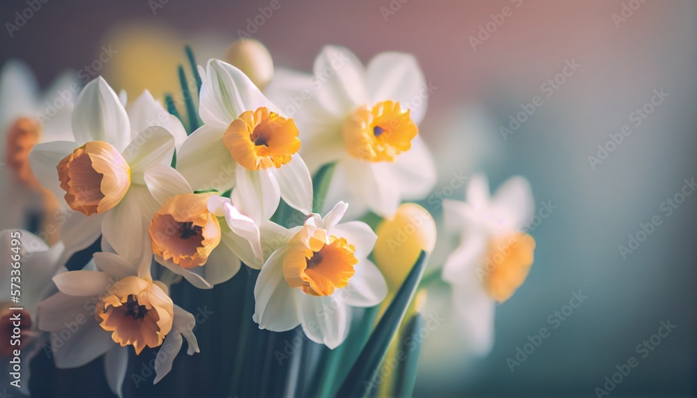 Naklejka premium Narcissus Bouquet of flowers colorful blurred background with copy space for text. Valentine's Day and Mother's Day, Women's Day background. Holiday mockup gerber flowers. soft focus. generative ai