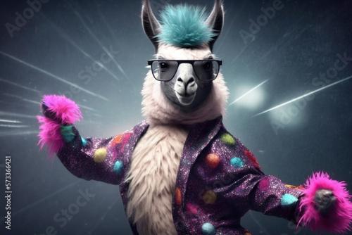 Llama in a disco-styled outfit showcasing its moves, concept of Dancing and Costumes, created with Generative AI technology photo