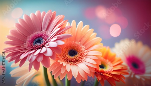 Gerbera Bouquet of flowers colorful blurred background with copy space for text. Valentine's Day and Mother's Day, Women's Day background. Holiday mockup with gerber flowers. soft focus. generative ai photo