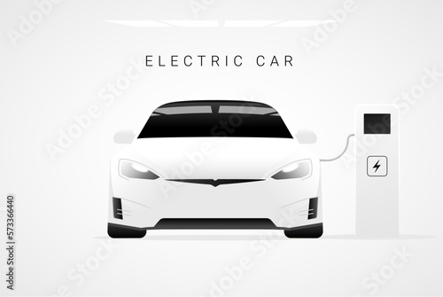 Electric ev car charge station vector concept. Future battery electric car technology recharge background hybrid illustration.