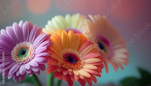 Gerbera Bouquet of flowers colorful blurred background with copy space for text. Valentine s Day and Mother s Day  Women s Day background. Holiday mockup with gerber flowers. soft focus. generative ai