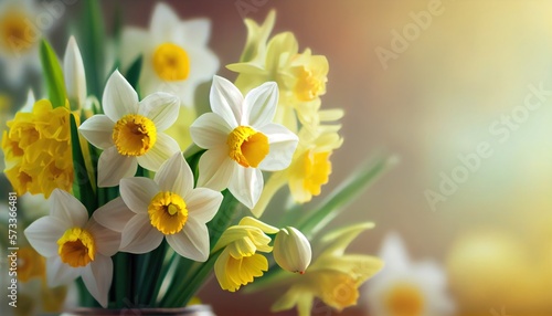 Narcissus Bouquet of flowers colorful blurred background with copy space for text. Valentine s Day and Mother s Day  Women s Day background. Holiday mockup gerber flowers. soft focus. generative ai