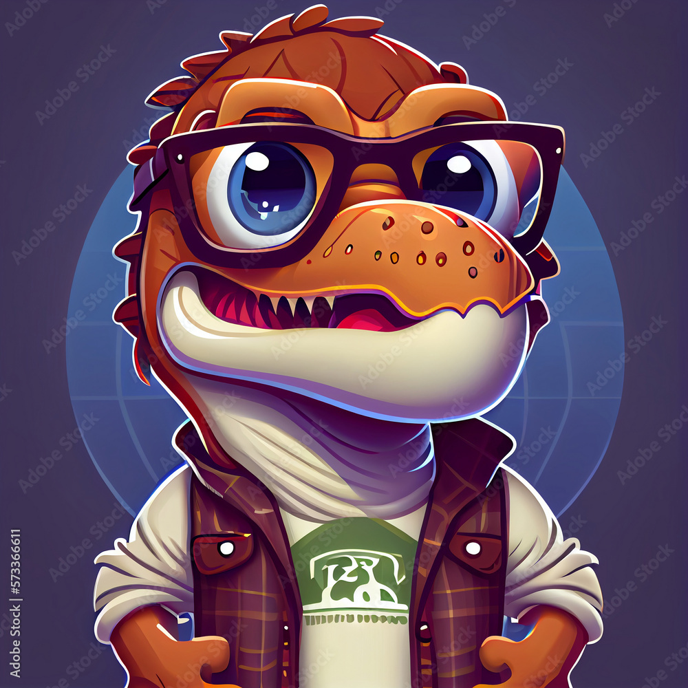 Dinosaur with glasses wearing a shirt and jacket, AI generated