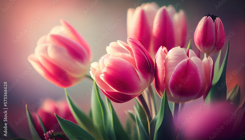 Naklejka premium Pink tulips Bouquet of flowers colorful blurred background with copy space for text. Valentine's Day and Mother's Day, Women's Day. Holiday mockup with gerber flowers. soft focus. generative ai