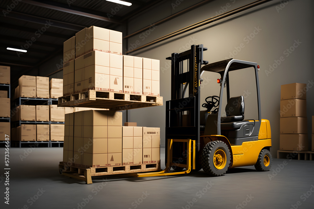 Warehouse with fully loaded forklift between rows in the big interior