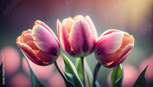 Pink tulips Bouquet of flowers colorful blurred background with copy space for text. Valentine s Day and Mother s Day  Women s Day. Holiday mockup with gerber flowers. soft focus. generative ai