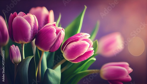 Pink tulips Bouquet of flowers colorful blurred background with copy space for text. Valentine s Day and Mother s Day  Women s Day. Holiday mockup with gerber flowers. soft focus. generative ai