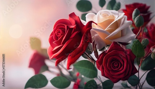Rose Bouquet of flowers colorful blurred background with copy space for text. Valentine s Day and Mother s Day  Women s Day background. Holiday mockup with gerber flowers. soft focus. generative ai