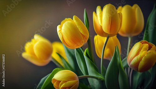 Yellow tulips Bouquet of flowers colorful blurred background with copy space for text. Valentine's Day and Mother's Day, Women's Day. Holiday mockup with gerber flowers. soft focus. generative ai