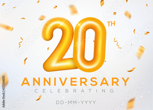 20 year anniversary gold number celebrate jubilee vector logo background. 20th anniversary event golden birthday design.