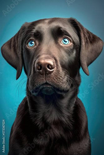 A cute black lab dog looks at the camera. Plain blue background. Formatted for book cover use.