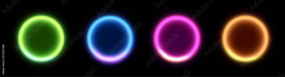Obraz premium Neon light circle ring. Purple glow laser neon round vector effect circle frame background