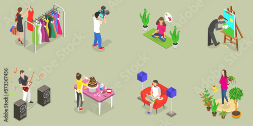 3D Isometric Flat Vector Set of People Hobbies, Favorite Activities and Relaxation
