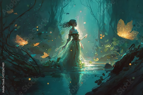 Beautiful young fairytale nymph girl in natural dress in sacred river with water lilies and trees. Fairytale story about ophelia. Neural network AI generated art