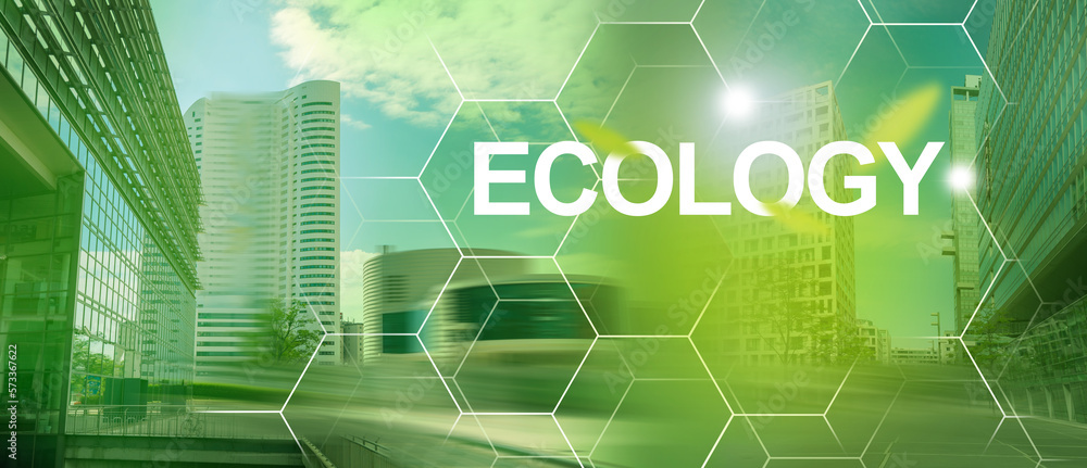 Fototapeta premium Urban landscape blurry background, city making future clean. Ecosystem safe environment.