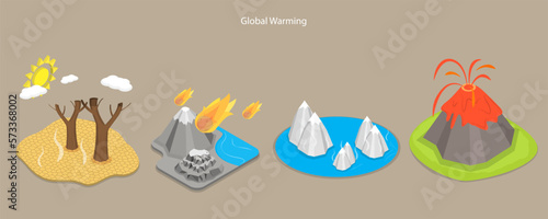 3D Isometric Flat Vector Conceptual Illustration of Global Warming, Drought, Volcano Eruption, Polar Ice Melting, Natural Disasters
